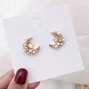 Gold Beaded Celestial Crescent Moon Earrings New